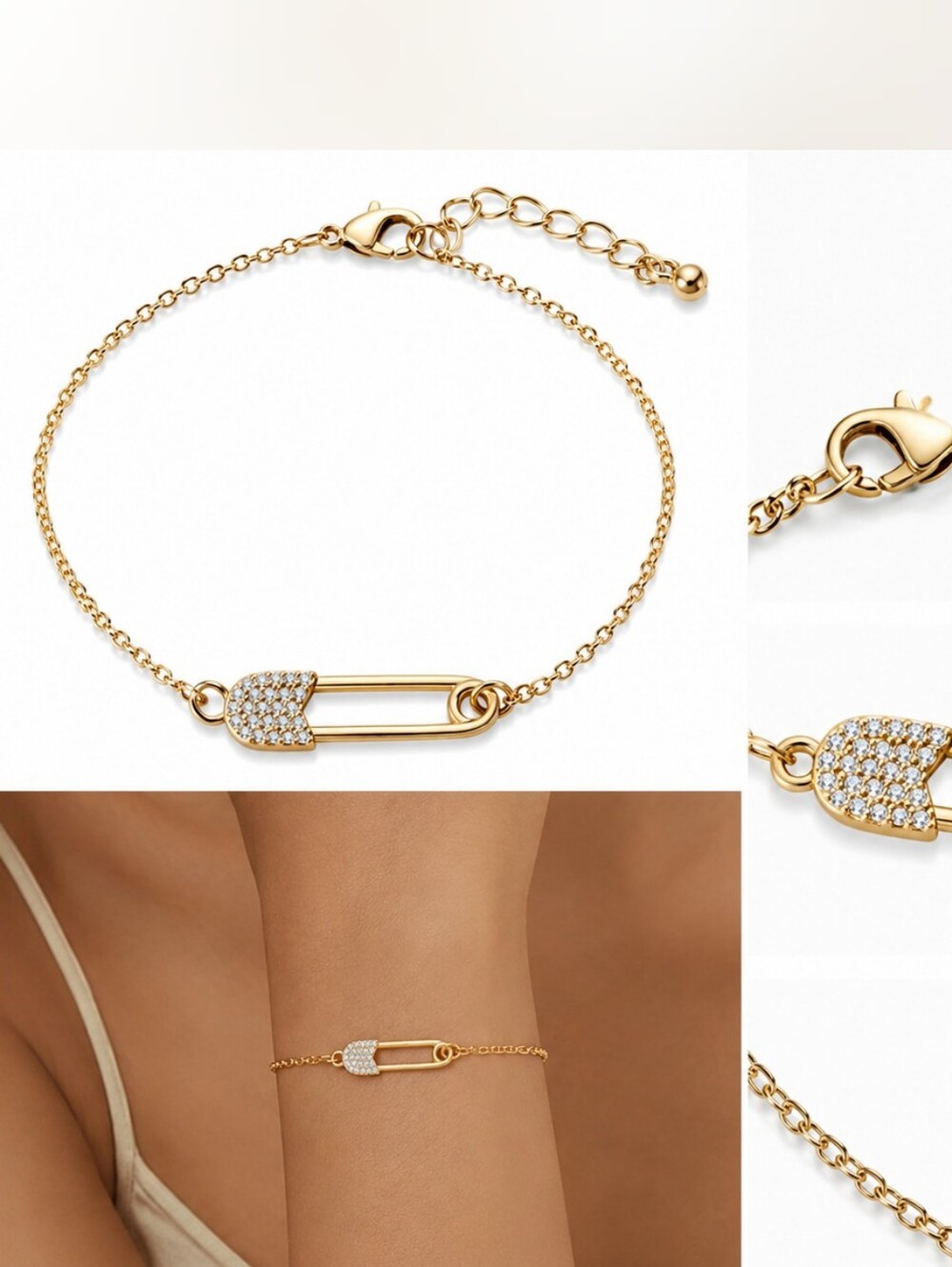 NWT Gold Tone Cubic Zirconia Safety Pin Chain Bracelet - Picture 5 of 5